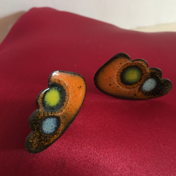 Vintage 60 70 MCM MOD Copper Butterfly Wing Abstract Clip Earrings - Picture 11 of 13
